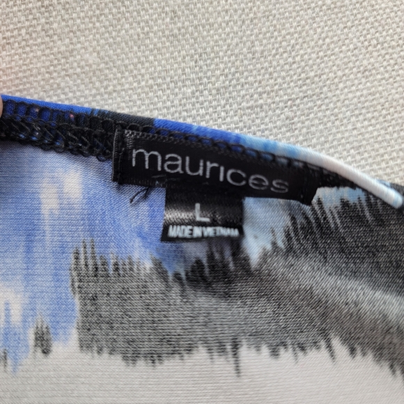 Maurices V Neck Blouse Top Blue Black Geometric Pattern Belted Shirt Stretch - Picture 8 of 8